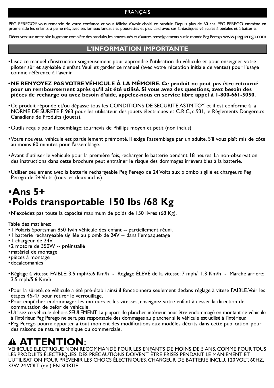 Attention | Peg-Perego Polaris Sportsman 850 User Manual | Page 18 / 24