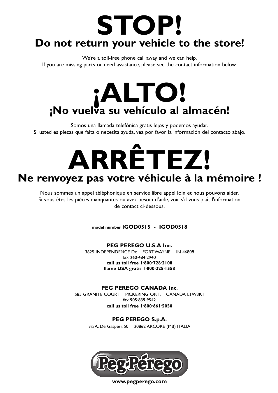 Stop, Alto, Arrêtez | Do not return your vehicle to the store, No vuelva su vehículo al almacén, Ne renvoyez pas votre véhicule à la mémoire | Peg-Perego Polaris Sportsman 850 User Manual | Page 24 / 24