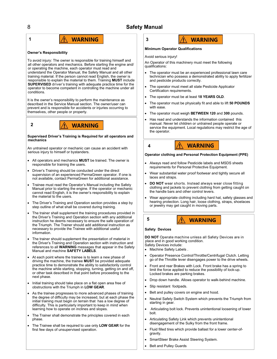 Safety manual 8 | PermaGreen Triumph Spread-Only User Manual | Page 12 / 44