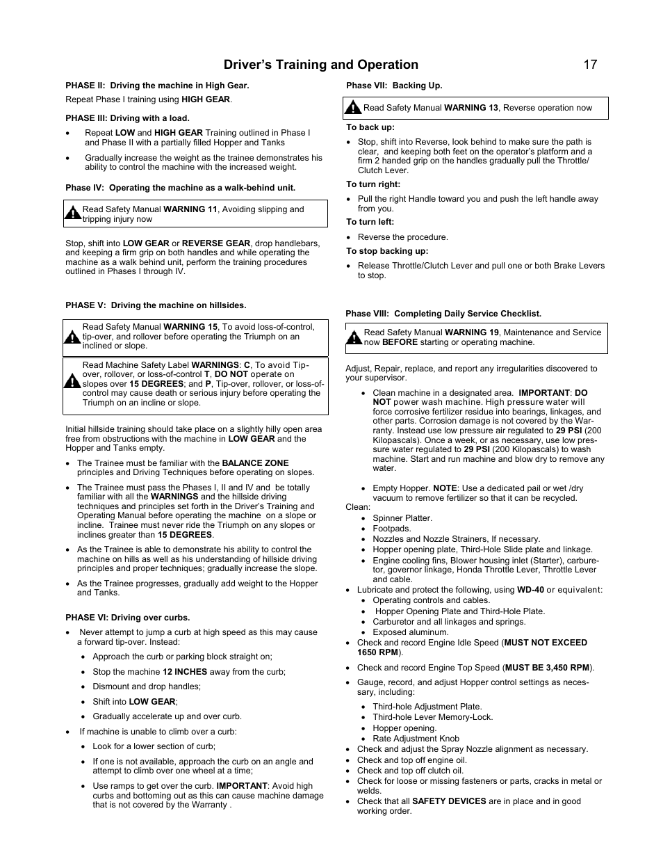 Driver’s training and operation 17 | PermaGreen Triumph Spread-Only User Manual | Page 21 / 44