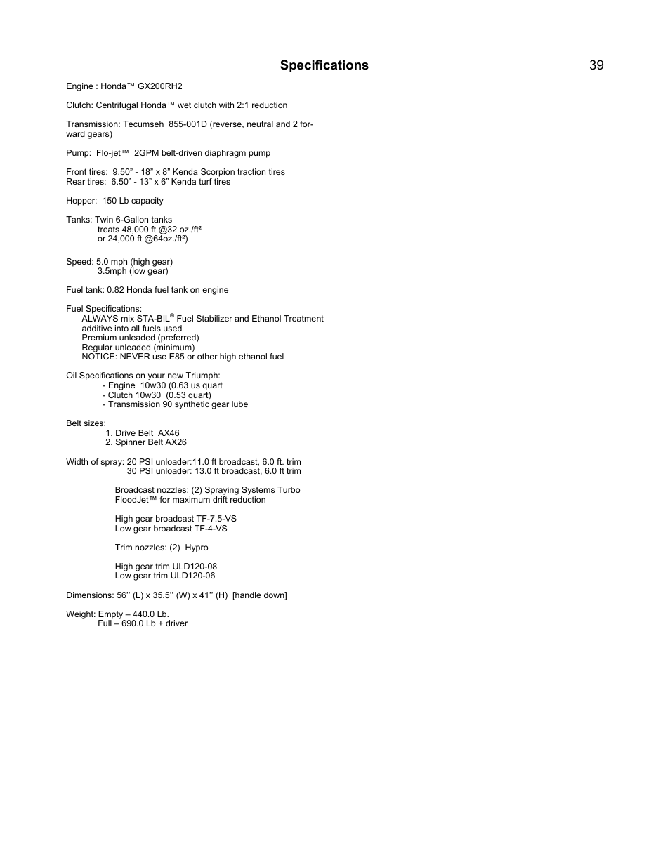 Specifications | PermaGreen Triumph Spread-Only User Manual | Page 43 / 44