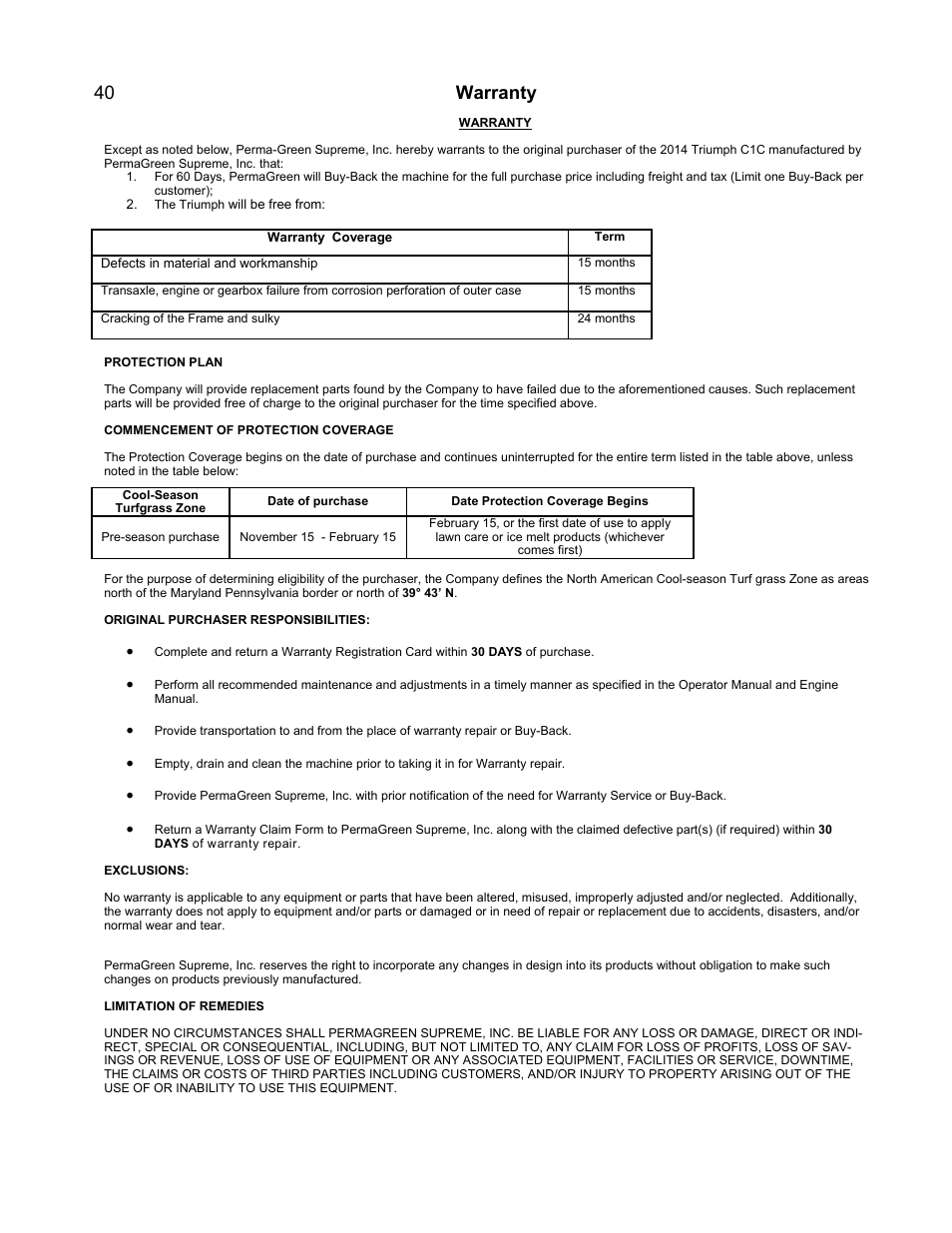 Warranty | PermaGreen Triumph Spread-Only User Manual | Page 44 / 44