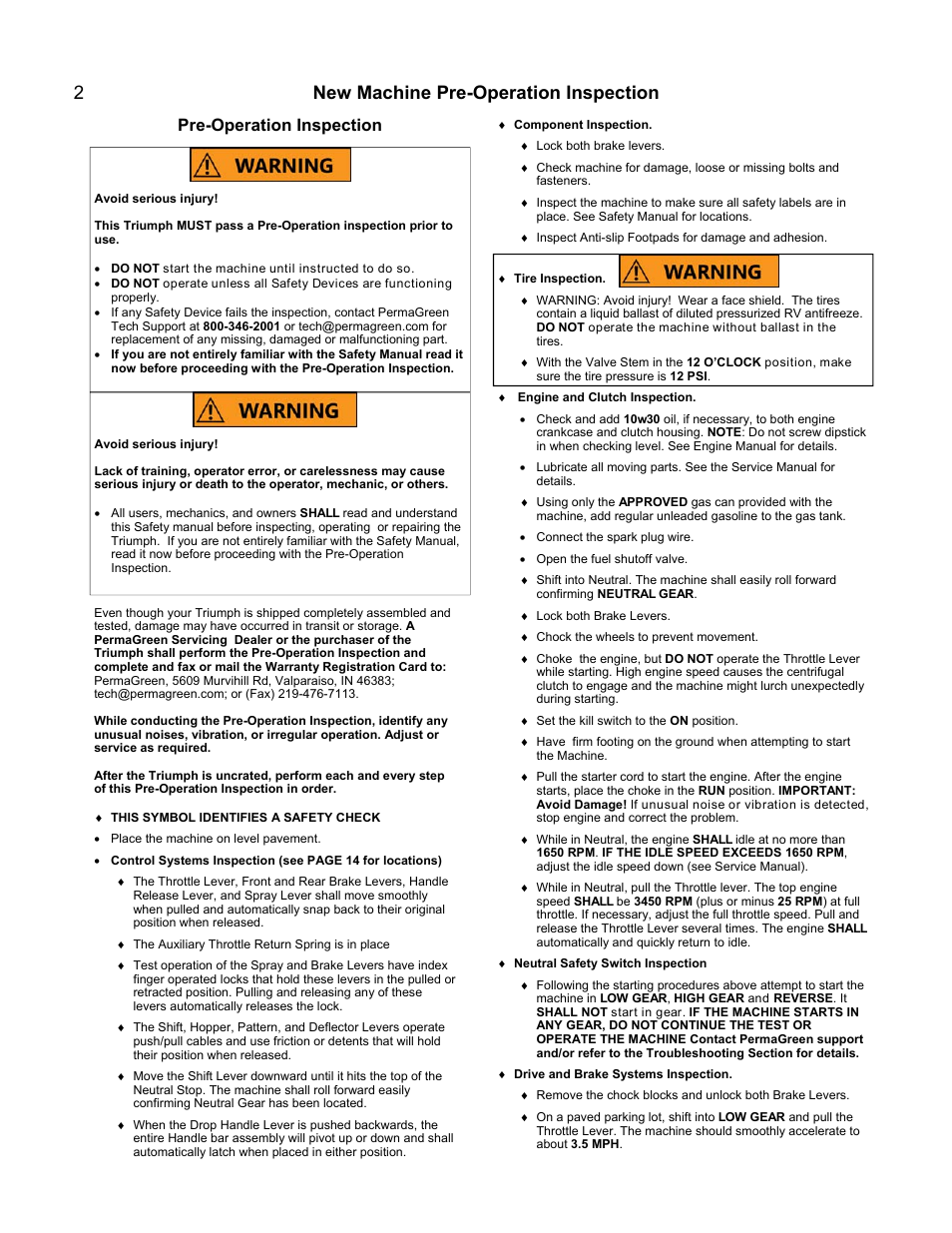 New machine pre-operation inspection 2, Pre-operation inspection | PermaGreen Triumph Spread-Only User Manual | Page 6 / 44