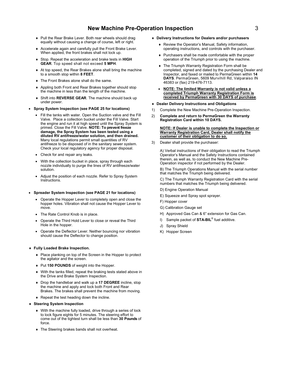 New machine pre-operation inspection | PermaGreen Triumph Spread-Only User Manual | Page 7 / 44