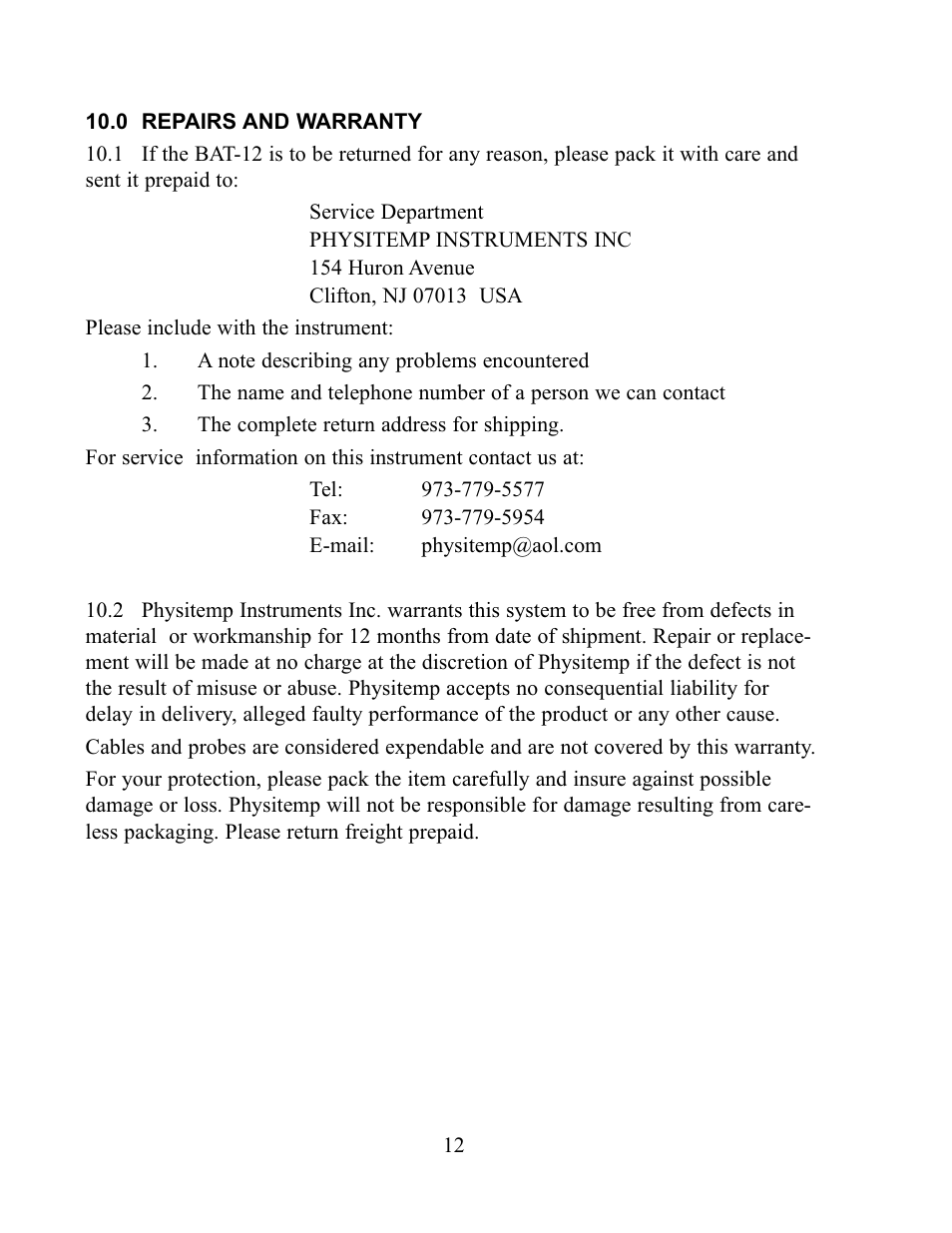 Physitemp Instruments BAT-12 User Manual | Page 12 / 13