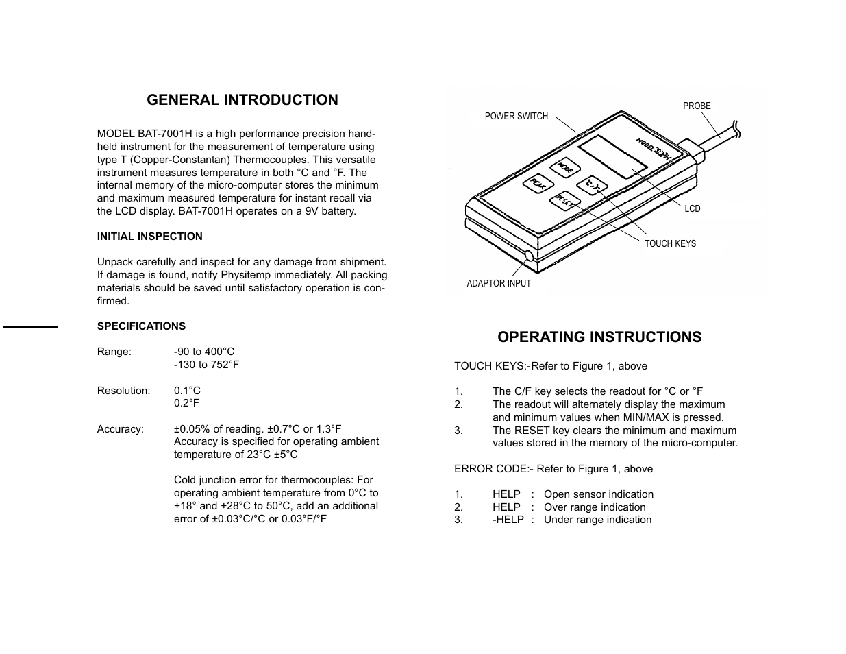 Physitemp Instruments BAT-7001 User Manual | 2 pages