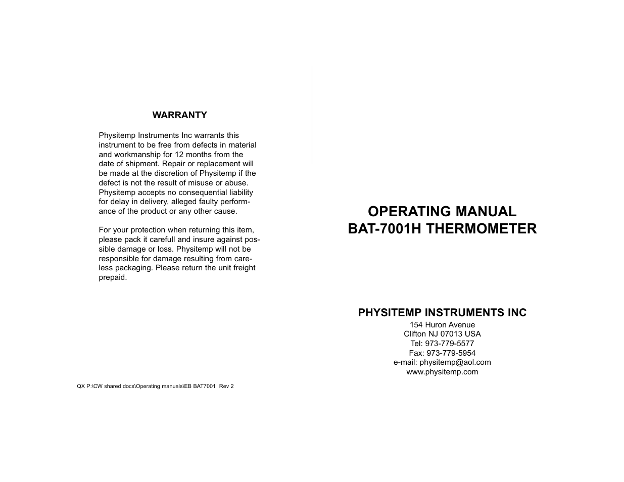 Operating manual bat-7001h thermometer | Physitemp Instruments BAT-7001 User Manual | Page 2 / 2