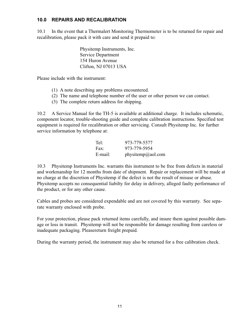 Physitemp Instruments TH5 User Manual | Page 11 / 11