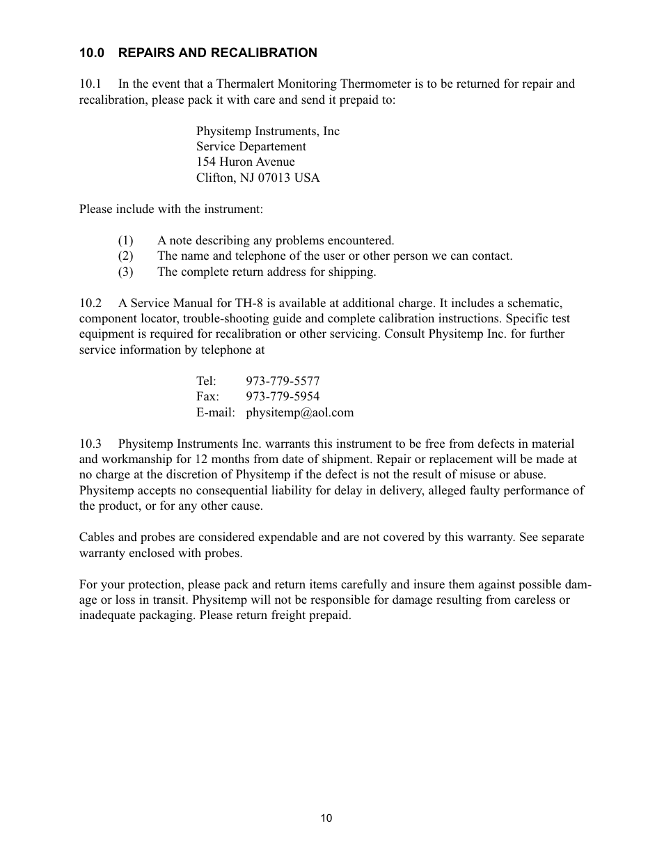 Physitemp Instruments TH8 User Manual | Page 10 / 11