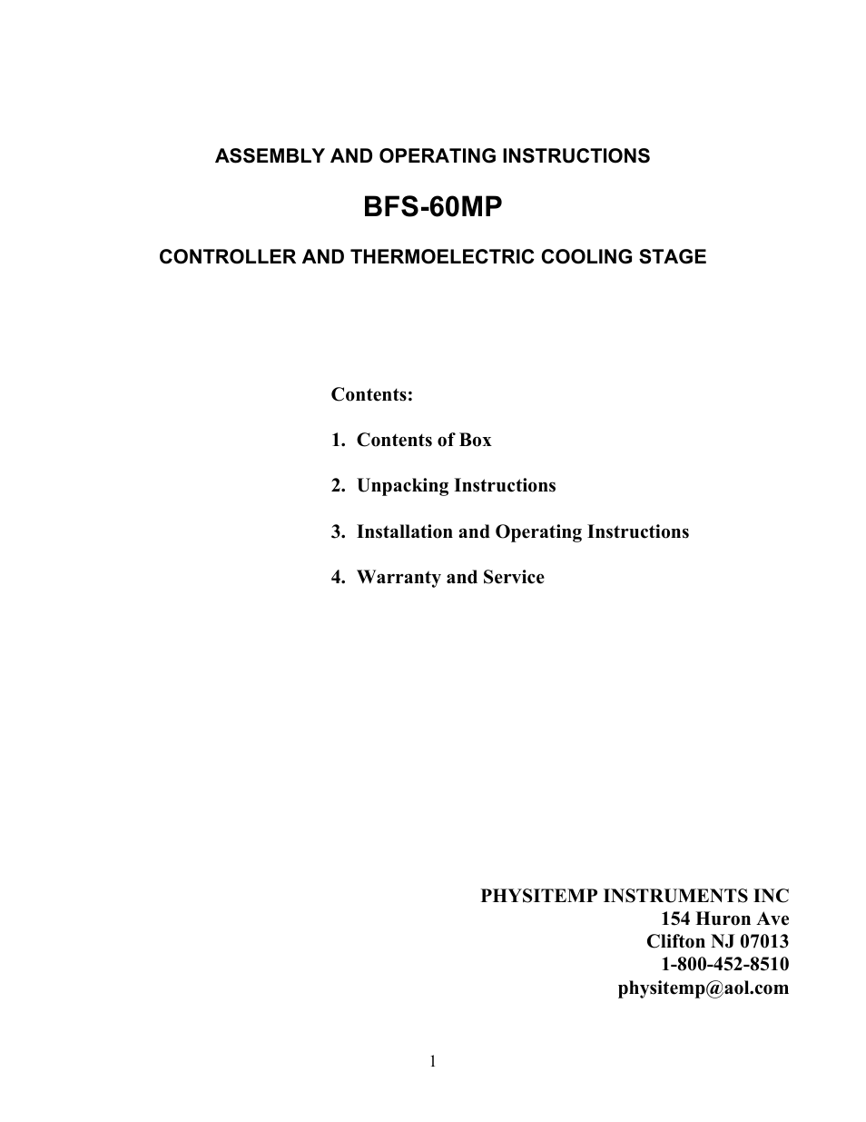 Physitemp Instruments BFS 60MP User Manual | 5 pages