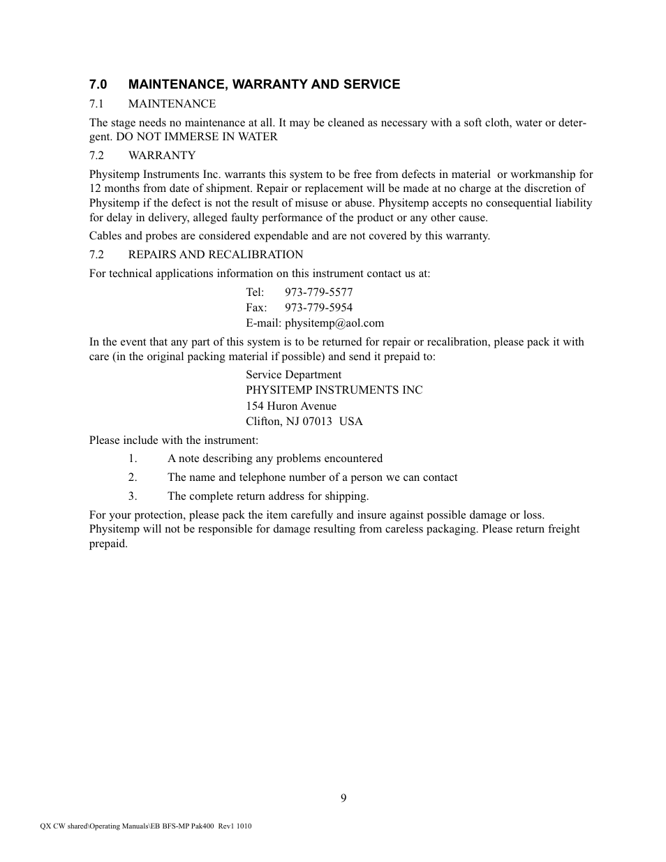 Physitemp Instruments BFS-MP 6310 Rev1 Pak400 2 User Manual | Page 9 / 12