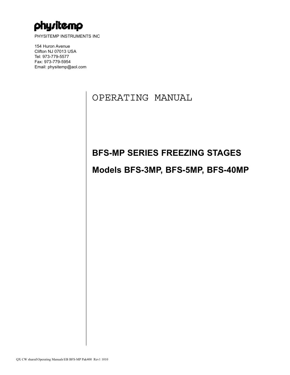 Operating manual | Physitemp Instruments BFS-MP 6310 Rev1 Pak400 User Manual | Page 12 / 12