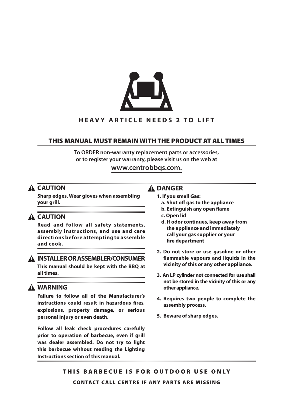 Danger, Warning, Caution | Installer or assembler/consumer | Centro 120407 User Manual | Page 2 / 12