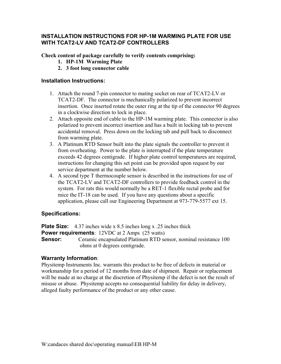 Physitemp Instruments HP-1M Heating Plate User Manual | 1 page