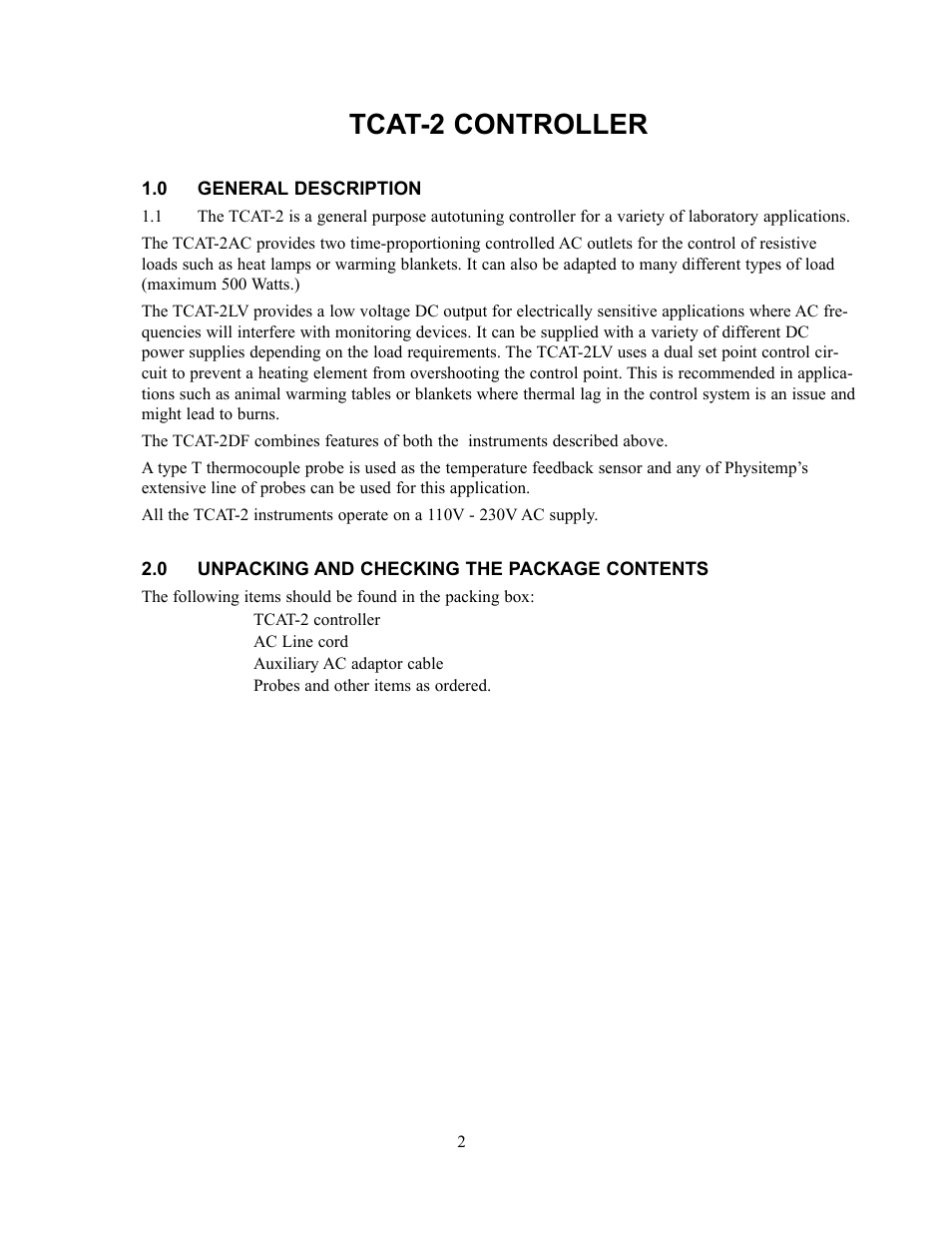 Tcat-2 controller | Physitemp Instruments TCAT-2AC User Manual | Page 9 / 10