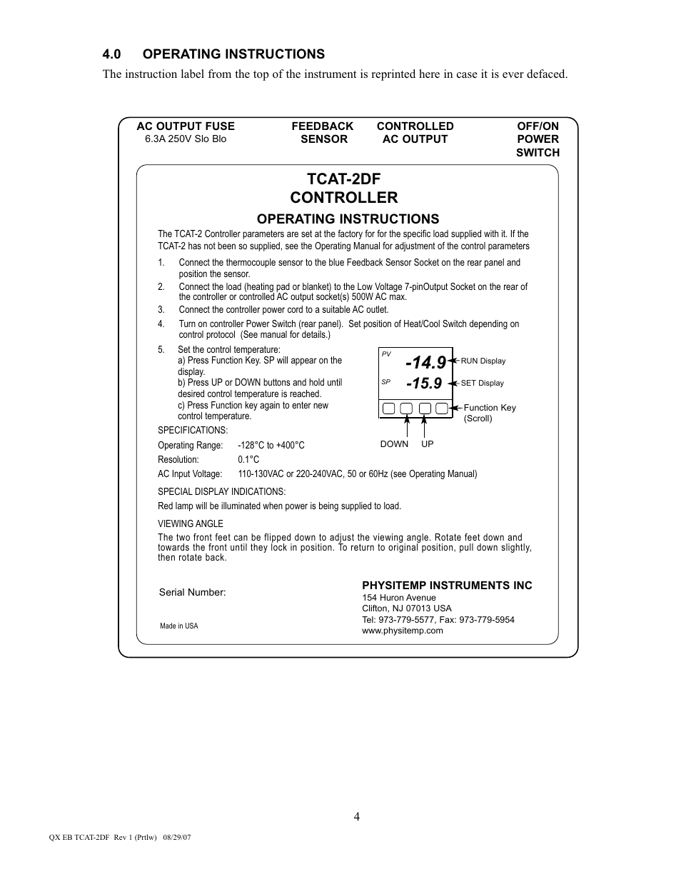 Tcat-2df controller, 0 operating instructions, Operating instructions | Physitemp Instruments TCAT-2DF from 59701 User Manual | Page 4 / 8