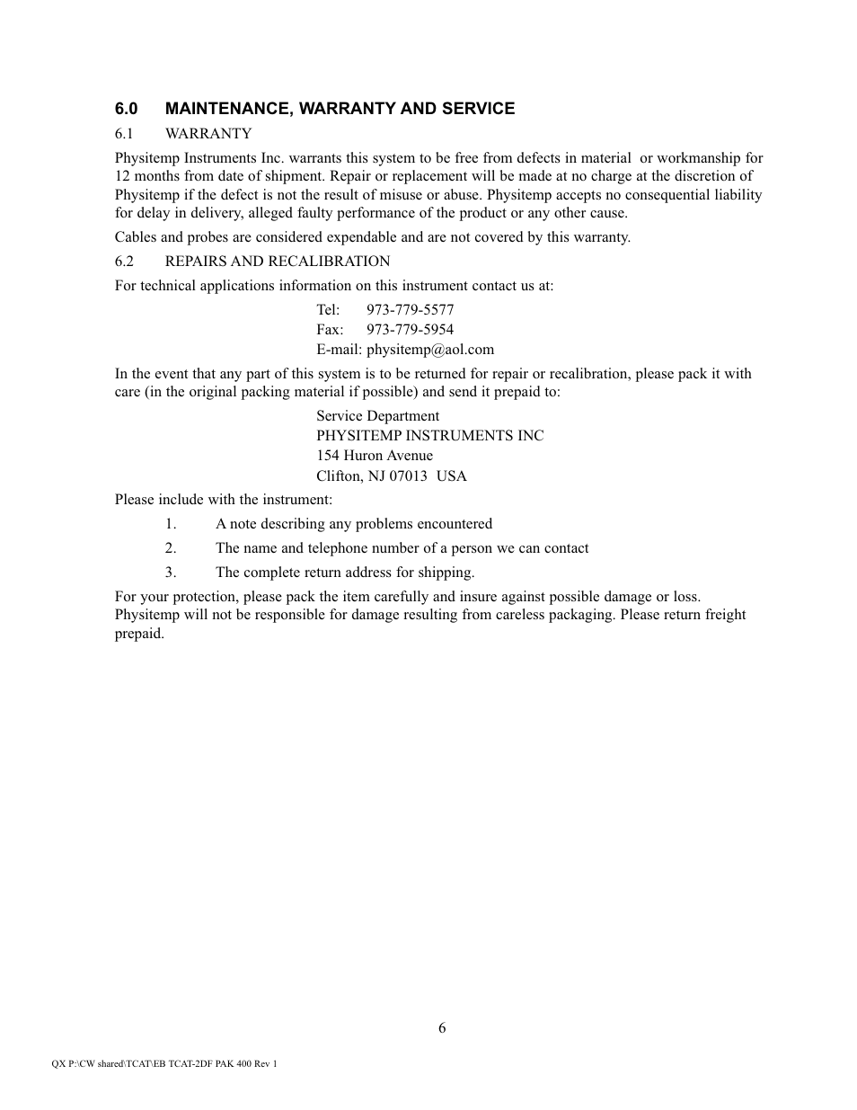 Physitemp Instruments TCAT-2DF PAK 400 User Manual | Page 6 / 11