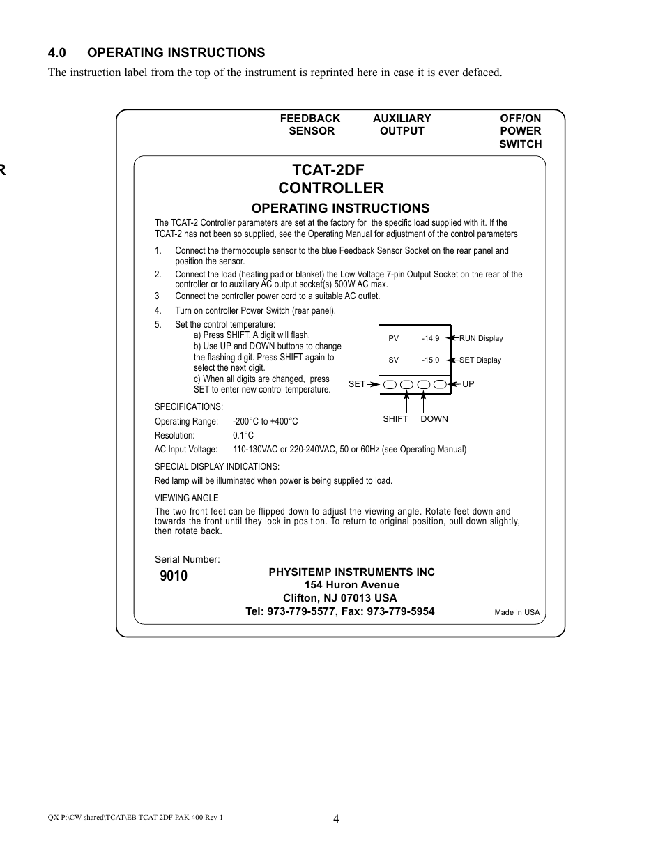 Tcat-2df controller, Operating instructions, 0 operating instructions | Physitemp Instruments TCAT-2DF PAK 400 User Manual | Page 8 / 11