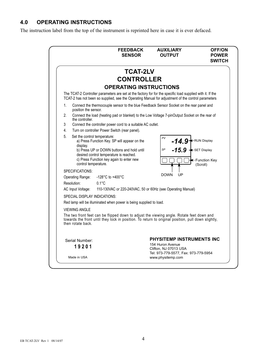 Tcat-2lv controller, Operating instructions | Physitemp Instruments TCAT-2LV From SN19201 User Manual | Page 5 / 8