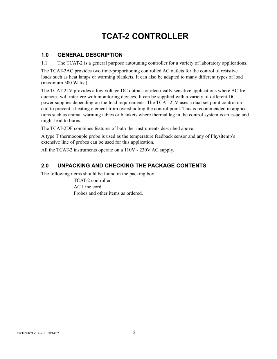 Tcat-2 controller | Physitemp Instruments TCAT-2LV From SN19201 User Manual | Page 7 / 8