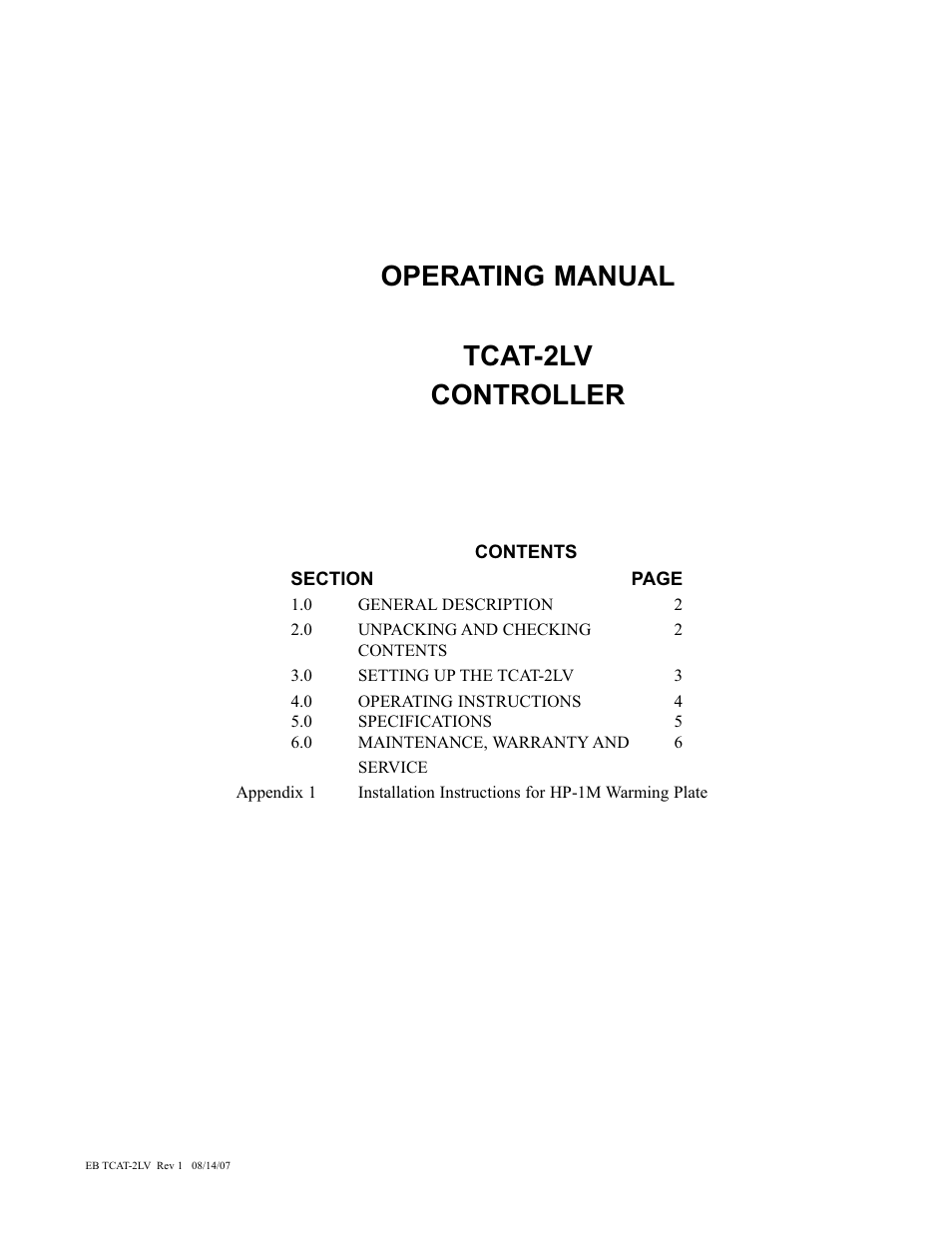 Operating manual tcat-2lv controller | Physitemp Instruments TCAT-2LV From SN19201 User Manual | Page 8 / 8