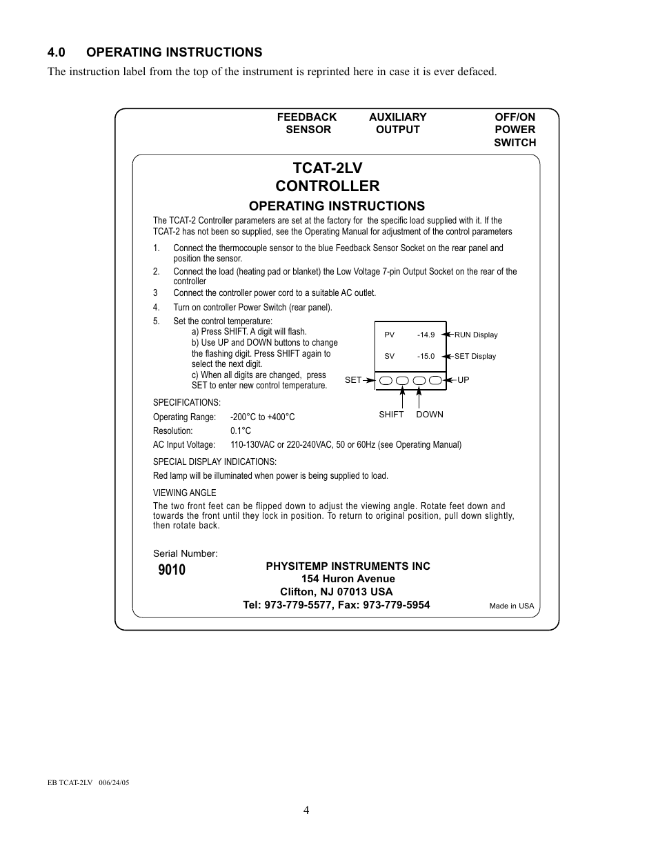 Tcat-2lv controller, Operating instructions, 0 operating instructions | Physitemp Instruments TCAT-2LV up to SN9205 User Manual | Page 8 / 11