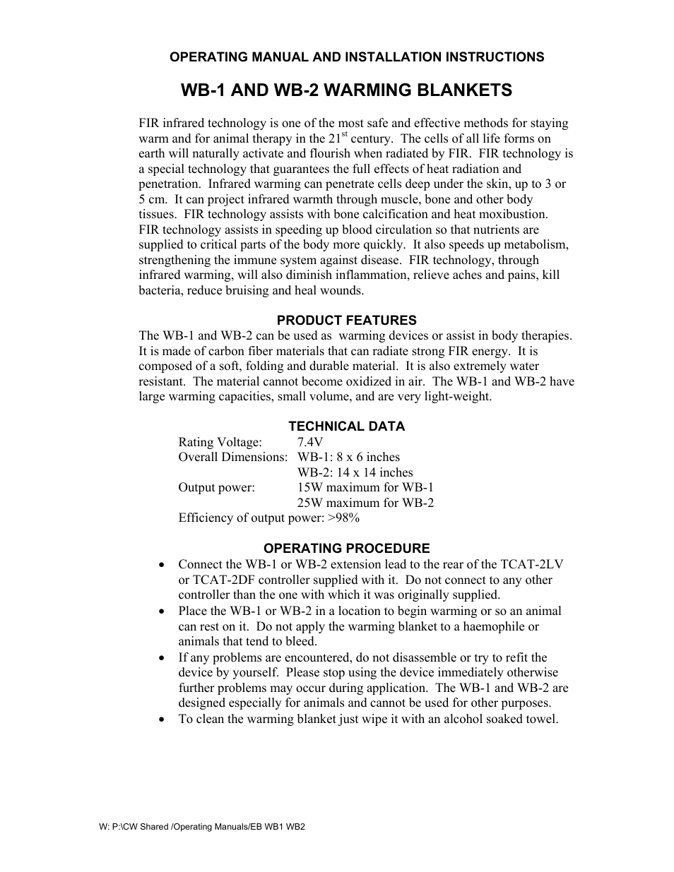 Physitemp Instruments WB2 Warming Blankets User Manual | 2 pages