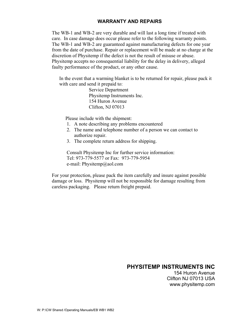 Physitemp Instruments WB2 Warming Blankets User Manual | Page 2 / 2