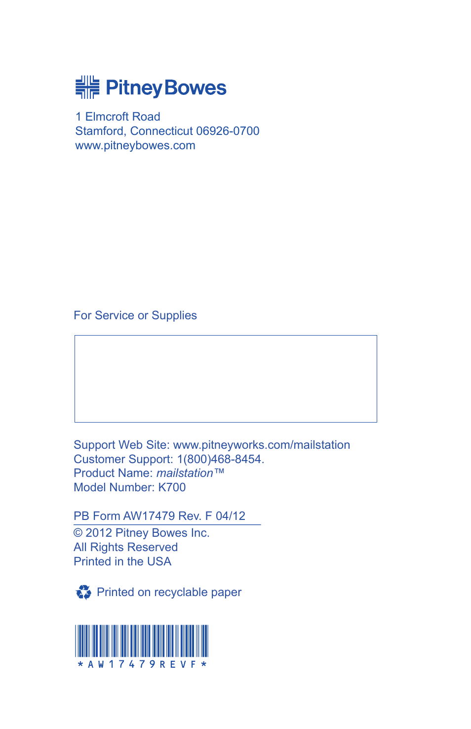 Pitney Bowes Mailstation (K700) User Manual | Page 13 / 13