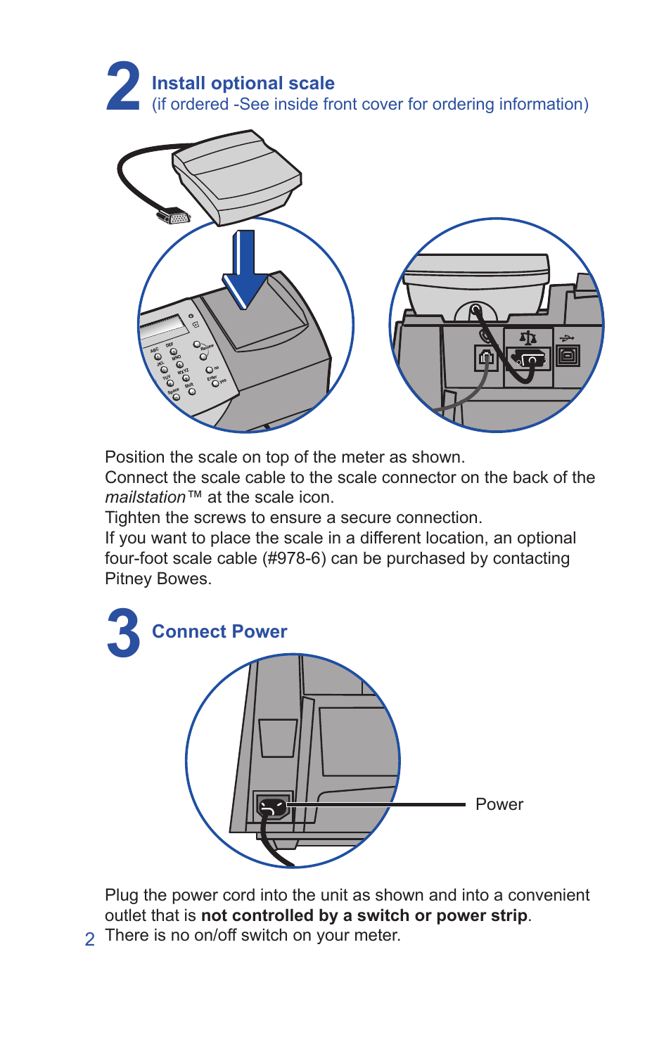 Install optional scale, Connect power 2 | Pitney Bowes Mailstation (K700) User Manual | Page 4 / 13