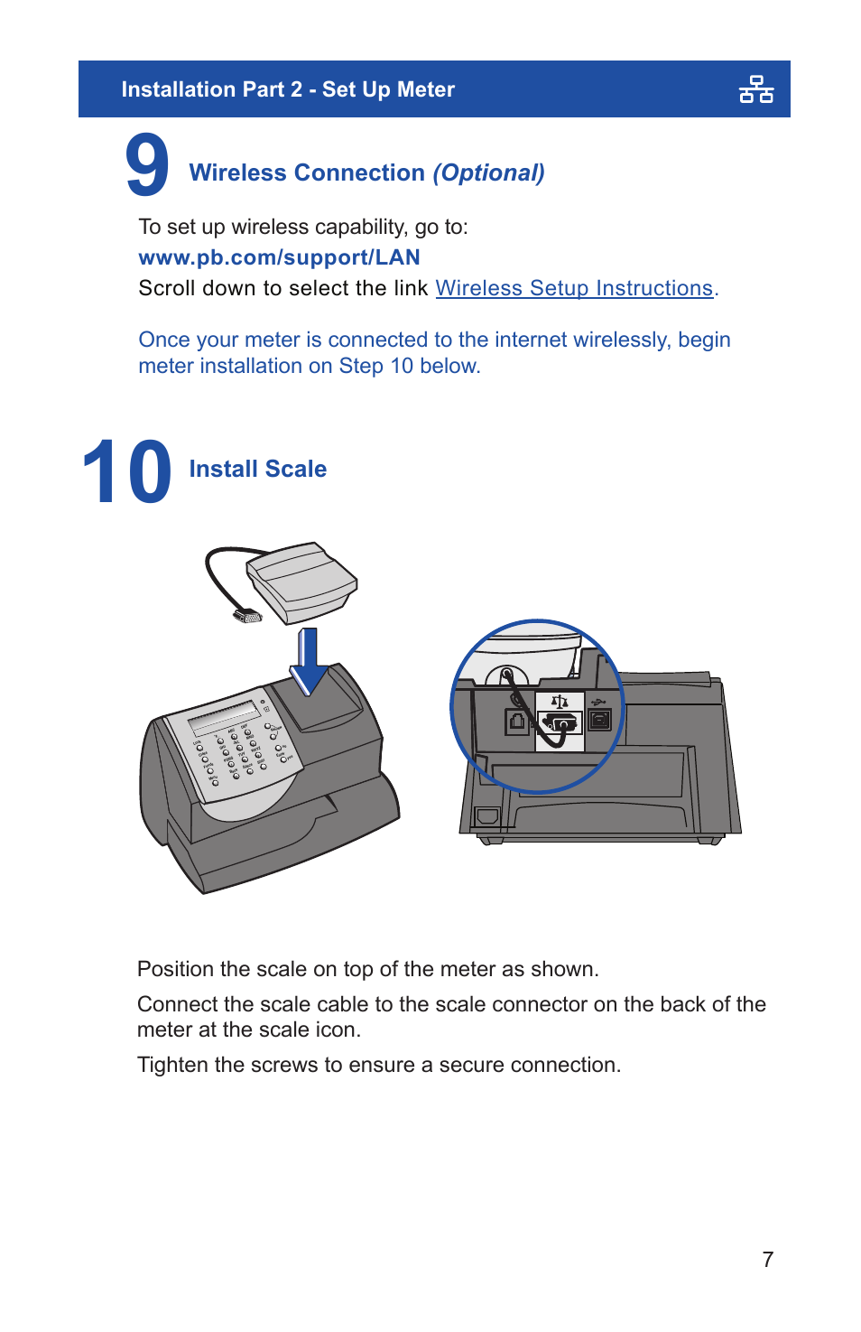 Wireless connection (optional), Install scale, 7installation part 2 - set up meter | Pitney Bowes Mailstation2 (K7M0) User Manual | Page 11 / 32