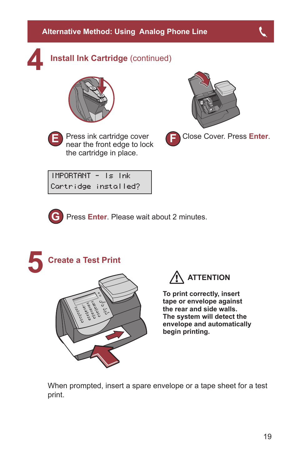 Create a test print, Install ink cartridge (continued), 19 alternative method: using analog phone line | Pitney Bowes Mailstation2 (K7M0) User Manual | Page 23 / 32