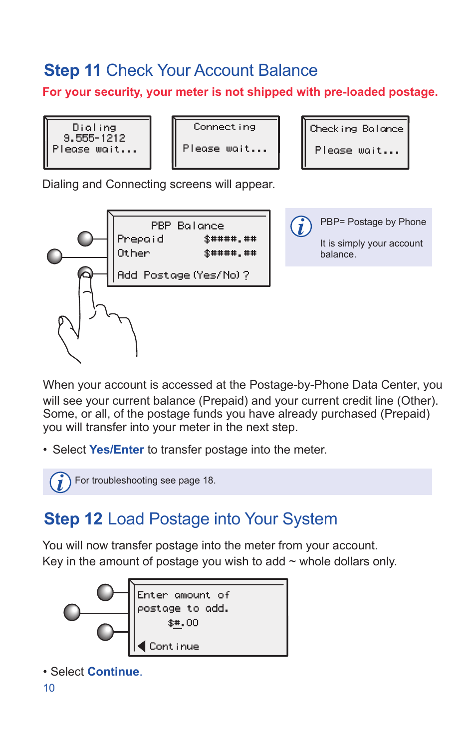 Step 11 check your account balance step 12, Load postage into your system | Pitney Bowes DM225 User Manual | Page 12 / 24