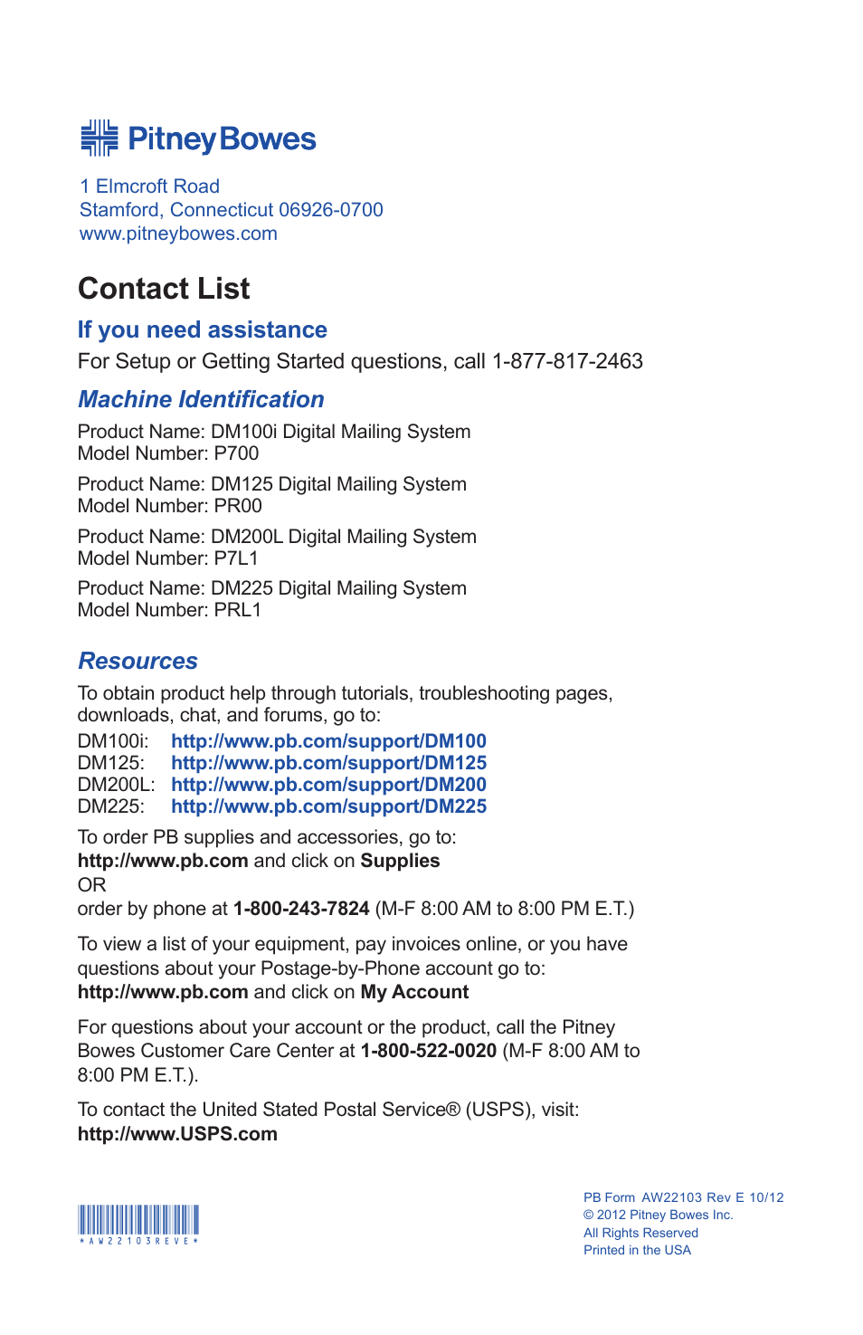 Contact list | Pitney Bowes DM225 User Manual | Page 24 / 24