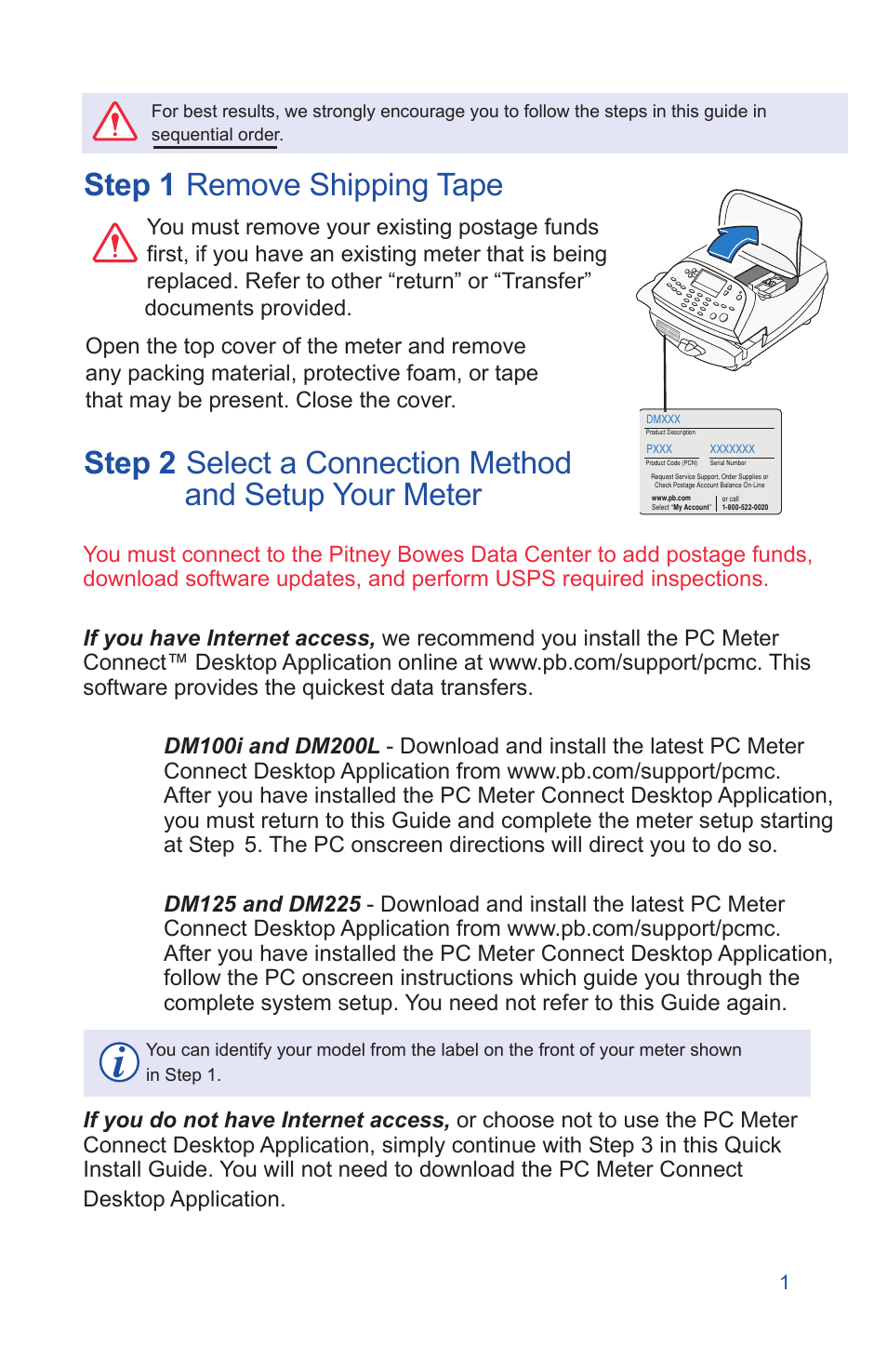 Step 1, Remove shipping tape step 2, Select a connection method and setup your meter | Pitney Bowes DM225 User Manual | Page 3 / 24