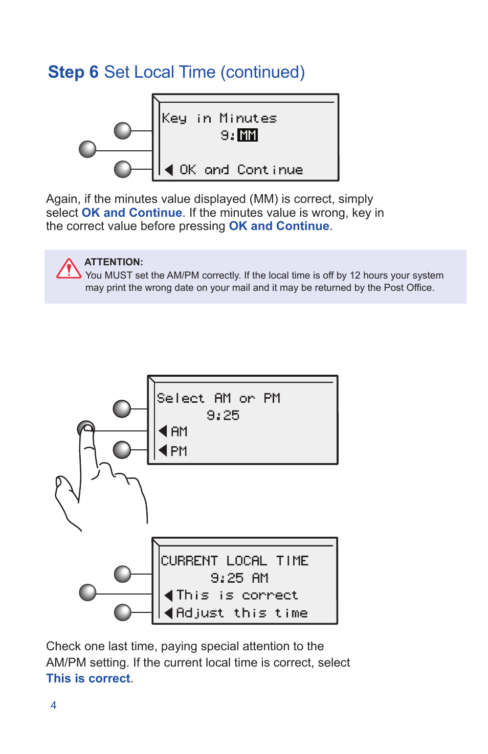 Step 6, Set local time (continued) | Pitney Bowes DM225 User Manual | Page 6 / 24