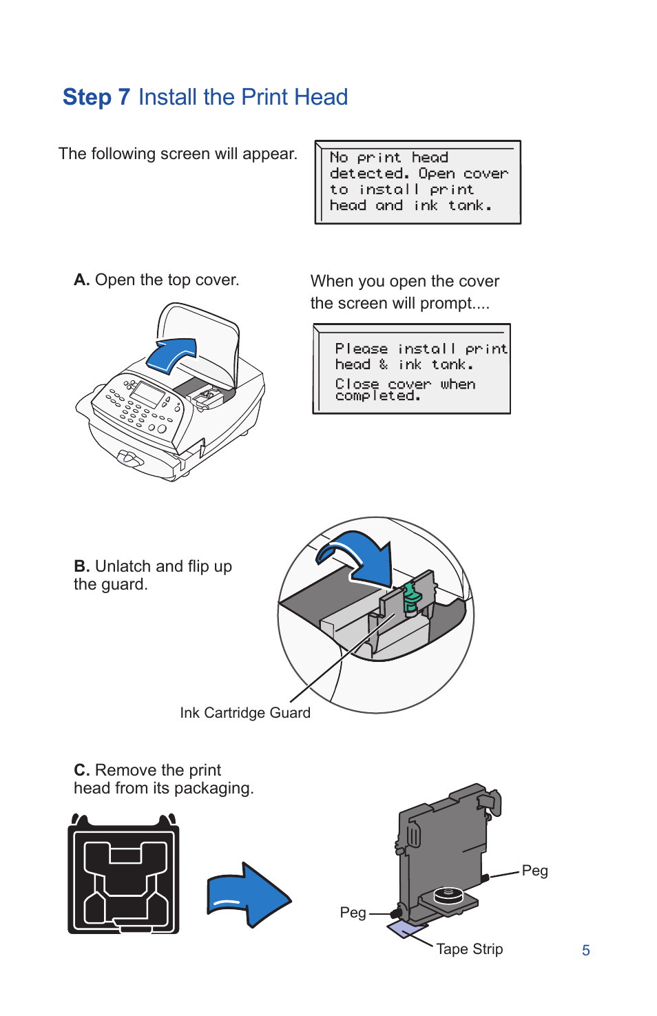 Step 7, Install the print head | Pitney Bowes DM225 User Manual | Page 7 / 24