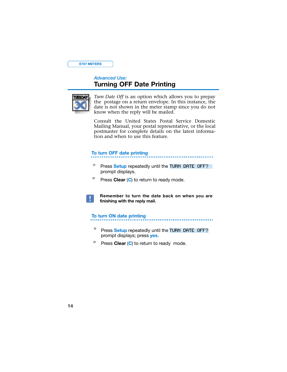 Turning off date printing | Pitney Bowes E707 User Manual | Page 14 / 55