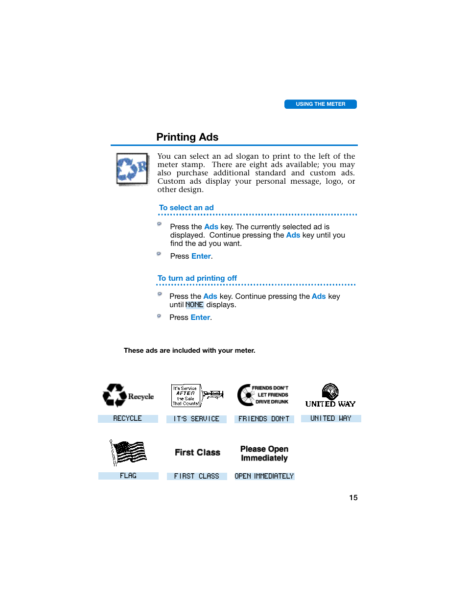 Printing ads | Pitney Bowes E707 User Manual | Page 15 / 55