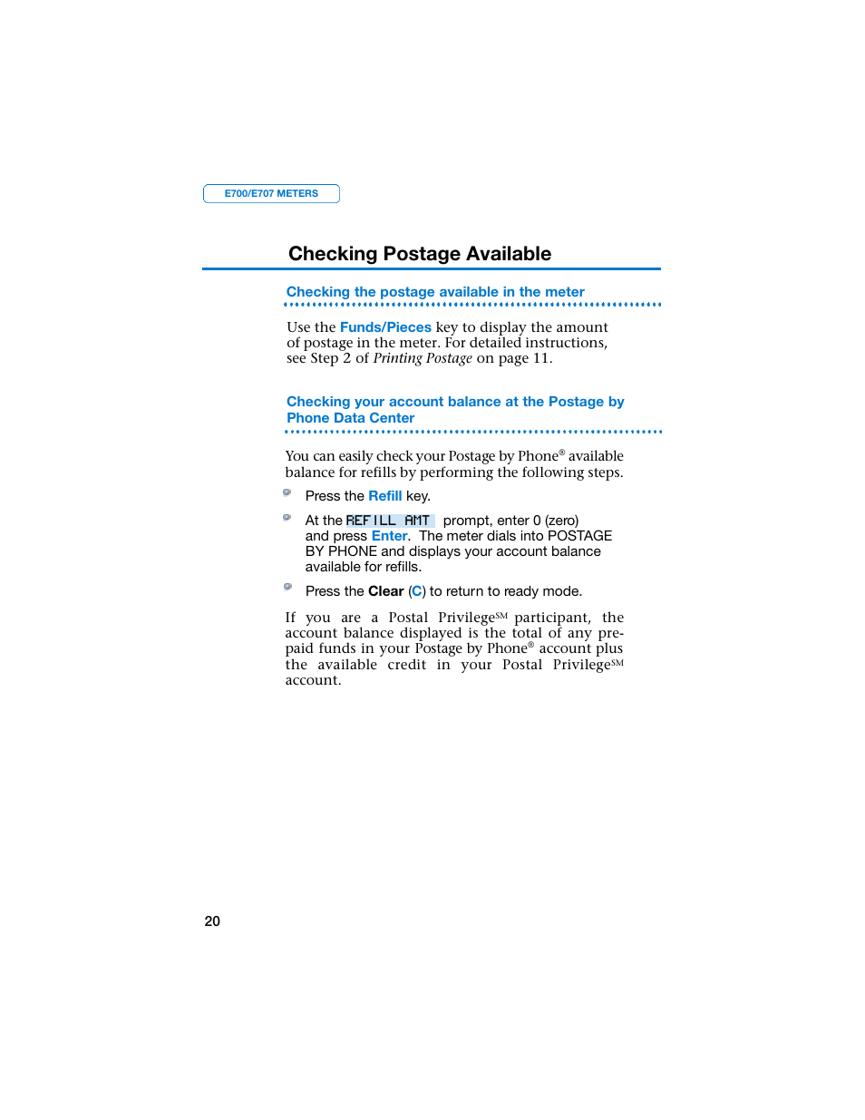 Checking postage available | Pitney Bowes E707 User Manual | Page 20 / 55