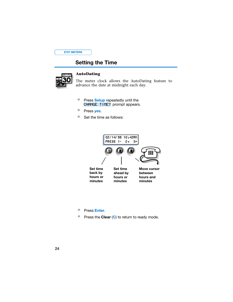 Setting the time | Pitney Bowes E707 User Manual | Page 24 / 55