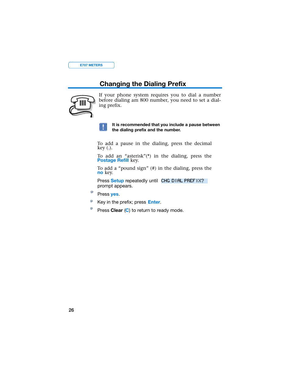 Changing the dialing prefix | Pitney Bowes E707 User Manual | Page 26 / 55