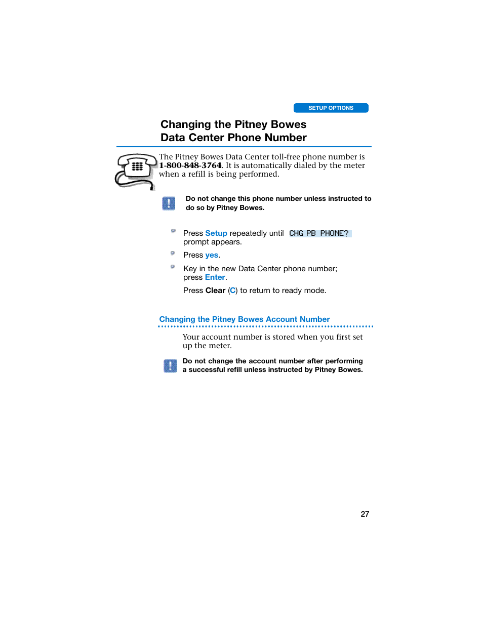 Changing the pitney bowes data center phone number | Pitney Bowes E707 User Manual | Page 27 / 55
