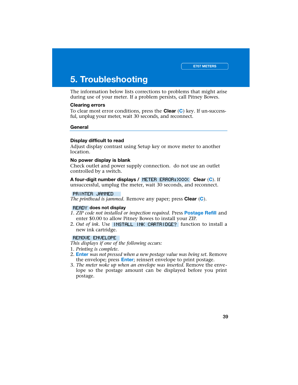 Troubleshooting | Pitney Bowes E707 User Manual | Page 39 / 55