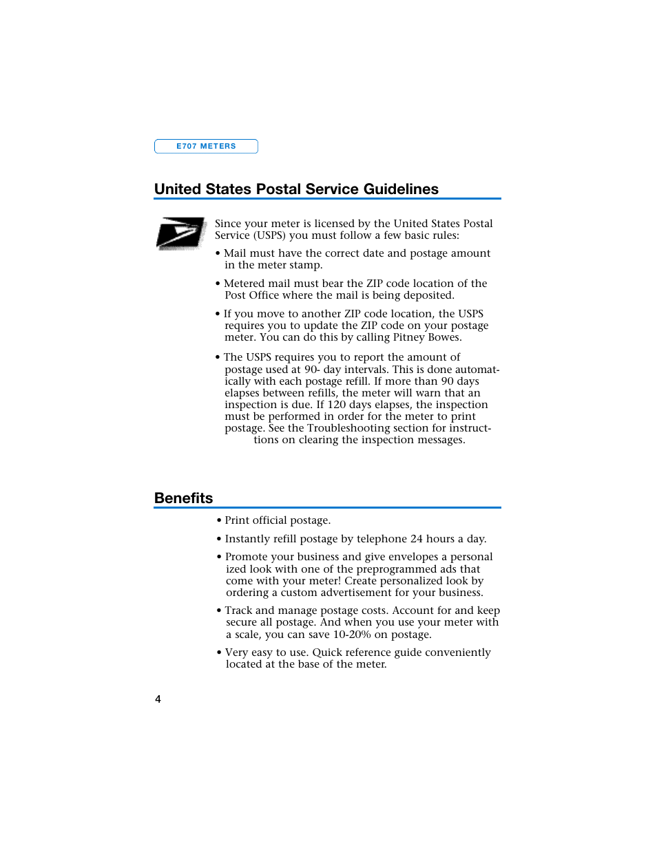 Benefits, United states postal service guidelines | Pitney Bowes E707 User Manual | Page 4 / 55