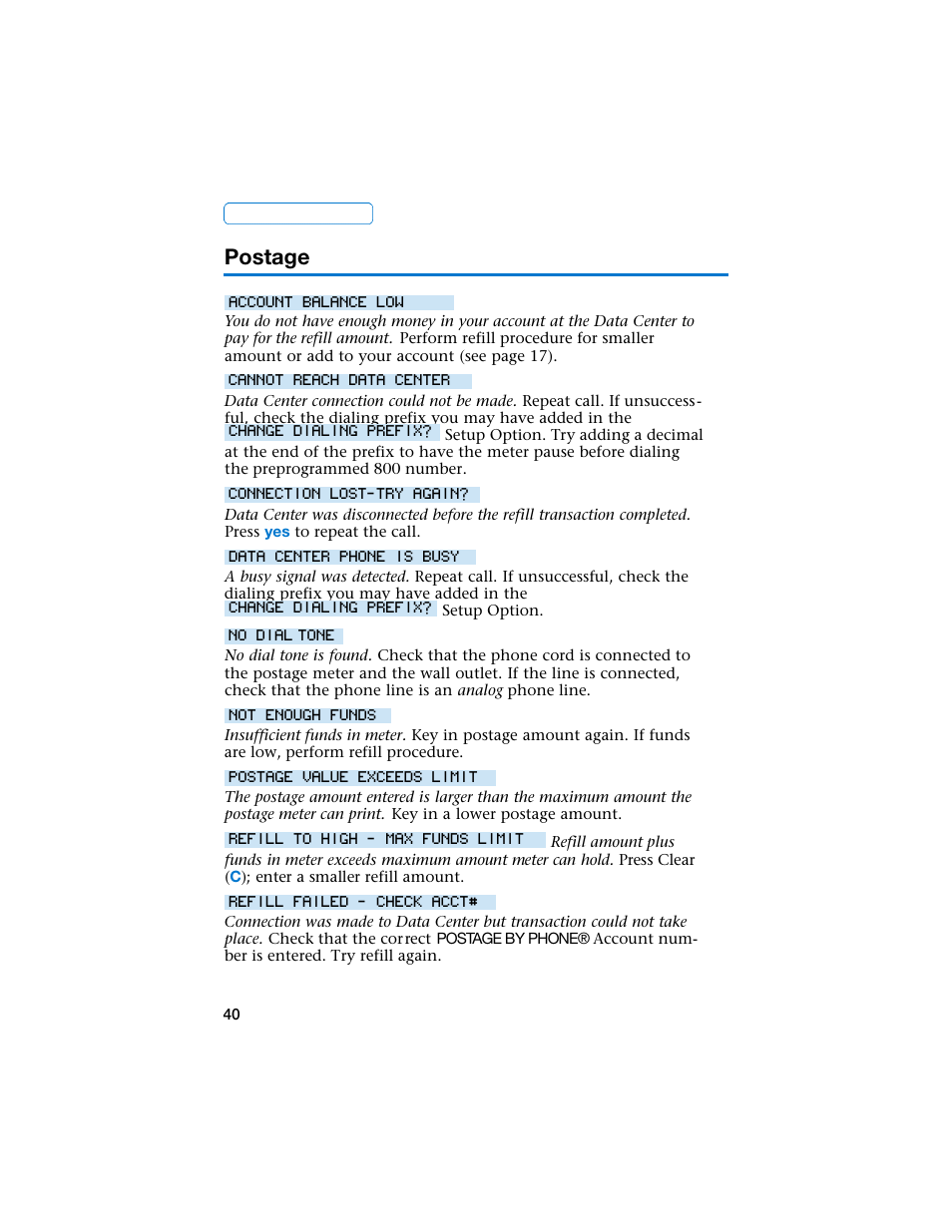 Postage | Pitney Bowes E707 User Manual | Page 40 / 55