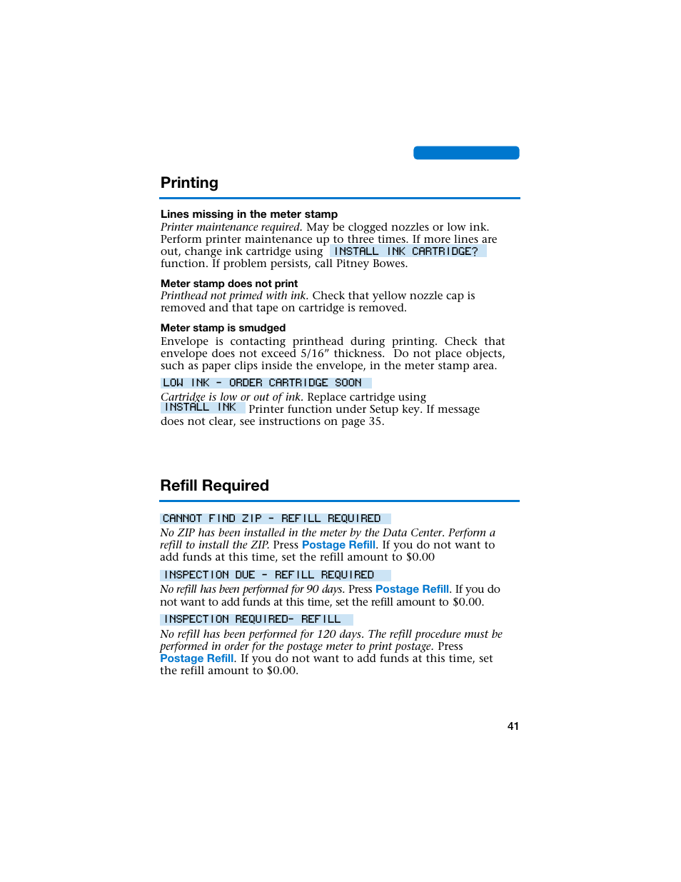 Printing, Refill required | Pitney Bowes E707 User Manual | Page 41 / 55