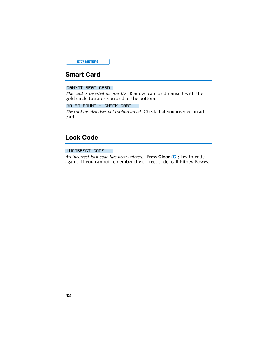 Smart card, Lock code | Pitney Bowes E707 User Manual | Page 42 / 55