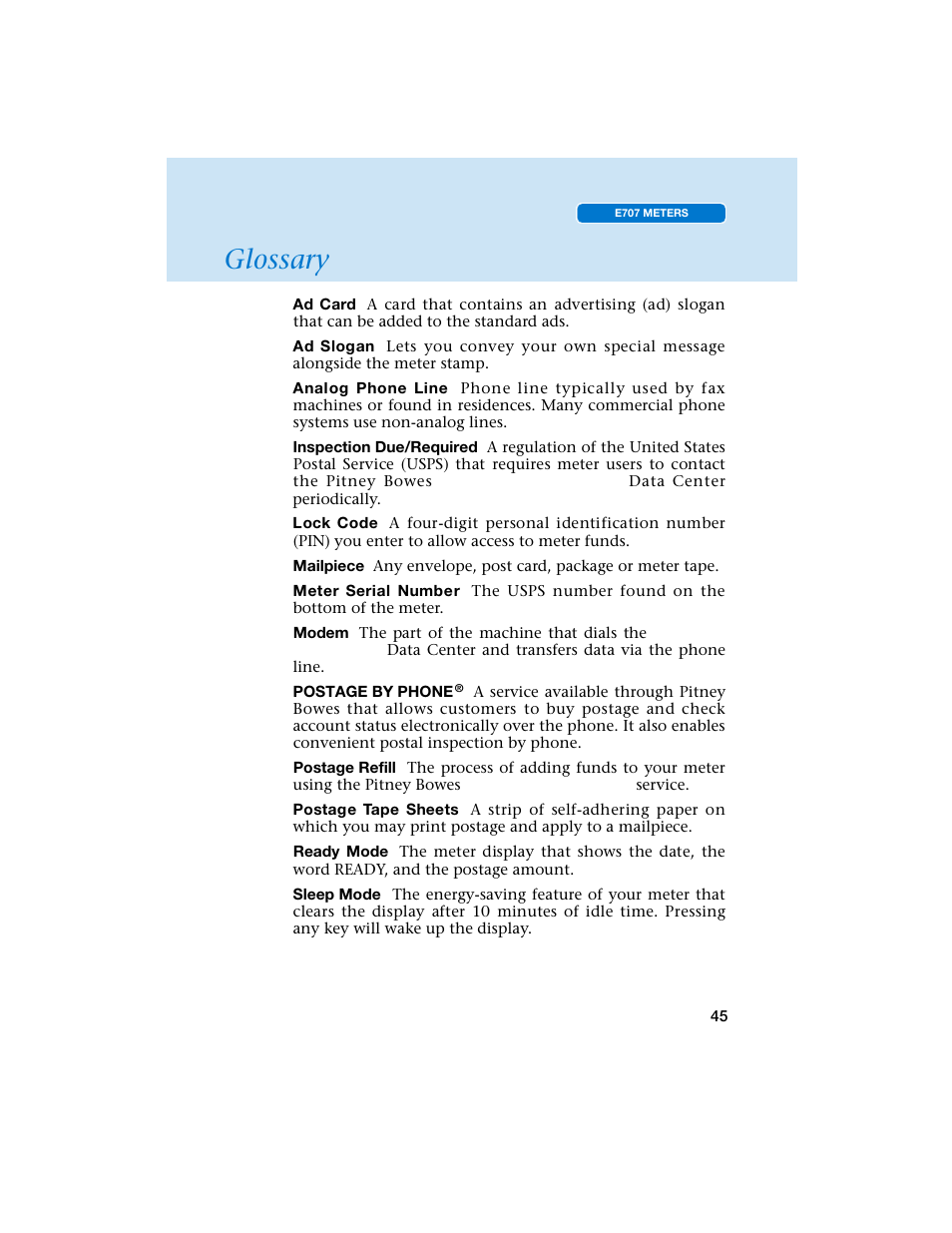 Glossary | Pitney Bowes E707 User Manual | Page 45 / 55