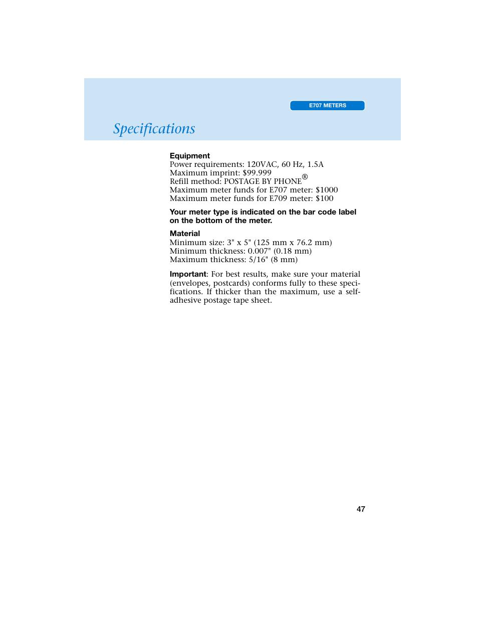 Specifications | Pitney Bowes E707 User Manual | Page 47 / 55